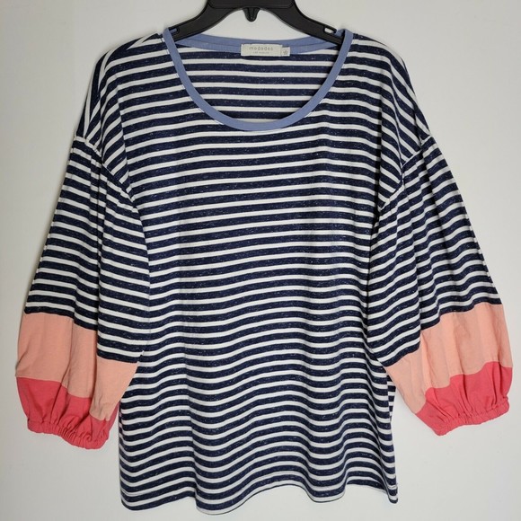 Mododoc Los Angeles Blue & White Striped Boho Color Block Sleeve Top Sz Large - Picture 6 of 8